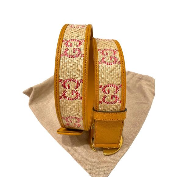 Gucci GG Marmont G Print Raffia Straw Wide Belt 90 Tan Pink Yellow - Picture 14 of 16